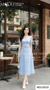 Váy Thiết Kế MDU5031 Chất Tơ Cao Cấp Dáng Xòe Nhẹ Nhàng Màu Xanh Pastel Họa Tiết Hoa Nổi Từ MDU