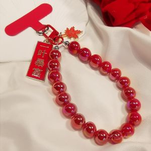 Short Pearl String Mobile Phone Lanyard New Year Red Render Ball Pendant Decoration Anti-Loss Wristband Tag Accessories
