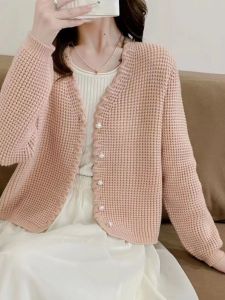 Womens Knitted Short Open Cardigan Purple Color Fragile Style Spring 2024 New Loose Fit V-neck Long Sleeve Sweater Coat