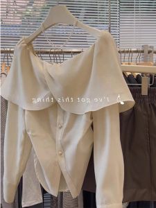 Summer Thin Ice Silk Lace Trim One Shoulder Button up Long Sleeve Sun Protection Shirt Womens High End Feeling Chiffon Blouse