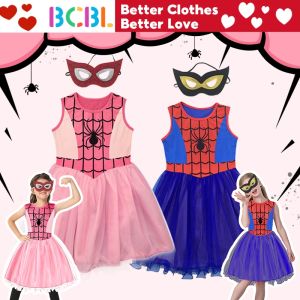 BCBL Spiderman Kids Girl Dress Blue Spider Costume with Eye Mask Cosplay Princess Tutu Dress for Girls Halloween Party Dress 3-9 Years