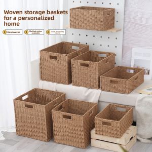 Home Use Plaid Storage Basket Wicker Weave Storage Box for Clothes Miscellaneous Items Books Organizer Box Drawer Style Handle