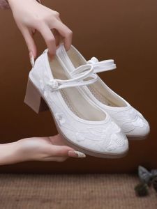 Original High Heel Embroidered Cotton Shoes Ethnic Style Wide Heel Tea Ceremony Shoes Comfortable Breathable Cotton Upgraded Version