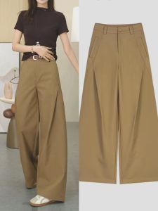 Khaki Wide Leg Pants Womens High Waist Loose Straight Casual Long Trousers Autumn New Style Commute Comfortable Polyester