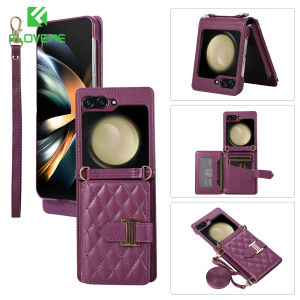 FLOVEME With Lanyard Crossbody Strap Folding Phone Case For Samsung Galaxy Z Flip 5 Flip 4 Flip 3 5G Wrist Strap Card Holder Stand Flip Wallet Business Leather Shockproof Back Cover For Galaxy Z Flip 5 Flip 4 Flip 3