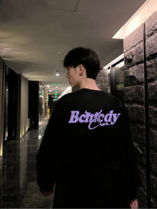 เสื้อยืดคอกลมแขนยาวผ้าฝ้ายแท้สีดำสไตล์อเมริกันย้อนยุคสำหรับผู้ชาย ทรงหลวม แฟชั่นฤดูใบไม้ผลิและฤดูใบไม้ร่วง เสื้อผ้าคู่