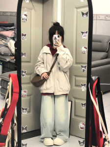 แจ็คเก็ตกันหนาวสไตล์อเมริกันย้อนยุคสำหรับผู้หญิง ฤดูใบไม้ผลิและฤดูใบไม้ร่วง ทรงหลวม แจ็คเก็ตเบสบอล ทรงหลวม แจ็คเก็ตกันหนาว