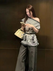 YUEZHONGWEI | Loose Fit Satin Batwing Sleeve Printed Shirt Womens Summer Shoulder Bared French Style Outfit Casual Commute Style Top