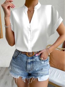 Áo Sơ Mi Nữ Cổ Chữ V Tay Ngắn Màu Trơn Dáng Rộng Mùa Xuân Thường Ngày Không Có Thương Hiệu Phong Cách Đường Phố