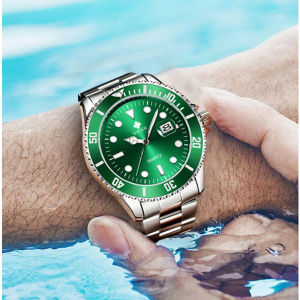 นาฬิกาข้อมือผู้ชาย WWOOR หรูหรา สแตนเลส สปอร์ต กันน้ำ 30 เมตร นาฬิกาควอตซ์ดำน้ำ เรืองแสง แสดงวันที่ สำหรับผู้ชาย สีเขียว