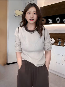 เสื้อยืดคอกลมแขนยาวทรงเข้ารูปสำหรับผู้หญิงไซส์ใหญ่ เสื้อเชิ้ตพื้นฐานแฟชั่นฤดูใบไม้ร่วง ทรงสลิมฟิต ปกปิดหน้าท้อง สไตล์เกาหลี