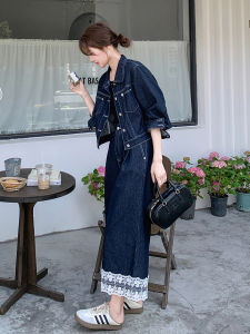 Korean Style Short Denim Jacket And Wide Leg Pants Two Piece Set for Women Lace Splicing Spring Fashion Outerwear