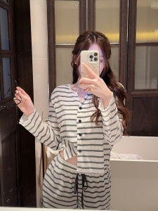 2024 Mới Đồ Ngủ Nữ Tay Dài Cổ Chữ V Cotton Sọc Bộ Đồ Ngủ Có Miếng Lót Ngực Mueni Sốt Nhà Quần Áo Phong Cách Đơn Giản Cho Mùa Xuân Và Mùa Thu