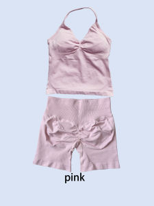 Women Halter V Neck Cami Top Biker Shorts 2 Piece Set High Elastic Tight Peach Butt Gym Yoga Workout Lounge Matching Outfit