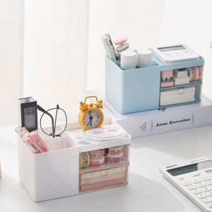 White Desktop Organizer Makeup Organizer with Brush Holder Clear Drawer for Small Tools Storage