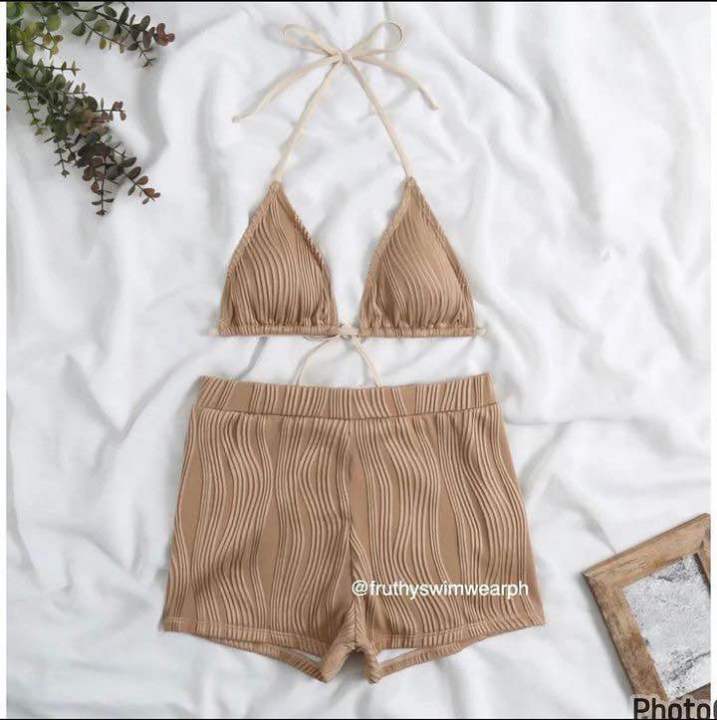 S M L Leilani With Pad Ties Details Women Swimwear Boy Short Bikini Set