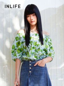 INLIFE | Off-Shoulder Puff Sleeves Cotton Floral Shirt