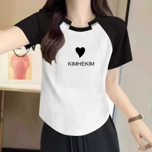 Asymmetric Fish Bone Printed Short Sleeve T-Shirt for Women Slim Fit Cotton and Spandex Crewneck Pullover Summer Wear