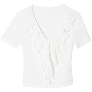 SOLWEIGE | SOLWEIGE Lenzing Linen Cotton V-neck Puff Sleeve Slimming Short Sleeve T-shirt Casual Versatile Belly-baring Commute Top