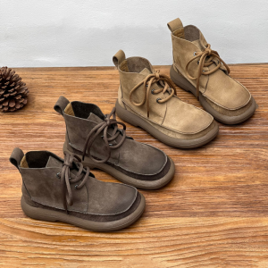 รองเท้าบูทมาร์ตินหนังวัวแท้ทำมือสไตล์ย้อนยุค ทรงสั้น ทรงหัวมน ทรงแบน ทรงลำลอง สำหรับผู้หญิง ฤดูใบไม้ร่วง 2023