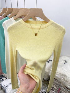 สีชมพู สลิมฟิต ถัก เสื้อท่อนบน เสื้อเชิ้ตเหนือศีรษะแขนยาวบางสําหรับผู้หญิงต้น ฤดูใบไม้ร่วง สินค้าใหม่มาใหม่สบาย ระบายอากาศได้ดี คอวี เสื้อยืด