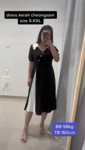 DR62 BUMIL FRIENDLY Dress Cheongsam Kerah Modern Hitam Putih Plisket