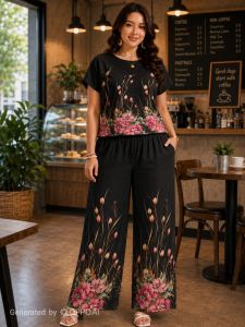 Classy Terno fit To large frame Challis fabric with 2 fabric - Pink floral print - Casual cafe setting