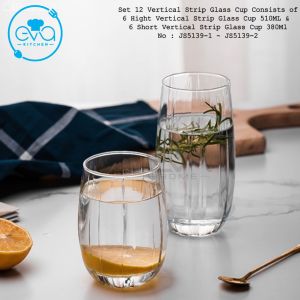 Combo 12 Ly Thuỷ Tinh Uống Nước Bầu Sọc Gồm Gồm 6 Ly Sọc Lùn 380ML Short Striped JS5139-2 Và 6 Ly Sọc Cao 510ML Hight Striped JS5139-1