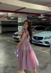 เดรสยาวออกงาน คอกลม แขนกุด แต่งระบายแขน ด้านหลังมีเชือกผูกโบว์ กระโปรงทรงเอเย็บระบายสองชั้น พรางหุ่น Dress ไปคาเฟ่ #9718