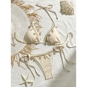 Bikini Cổ Treo Dây Buộc Màu Trơn Dành Cho Nữ Bộ Đồ Thể Thao Thường Ngày Hai Mảnh Cổ Chữ V Cài Nút Mùa Xuân