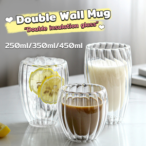 MaxPlus 250ml 350ml 450ml Double Wall Transparent Glass Coffee Mug Heat Resistant Tea Mug Stripe Shape