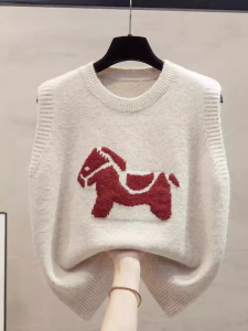 Gray Knitted Vest Womens Spring Autumn Loose Layering Outerwear Top round Neck Sleeveless Casual Style for Young Women