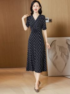 Elegant Classic Black White Polka Dot Long A-Line Slimming Dress Knee-Length Midi Skirt Soft Polyester Fiber Spring Summer