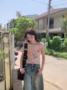 NIHAOKANONG | Áo Thun Nữ In Hoa Vai Xéo Ôm Sát