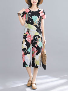 Cotton Lyocell Short-Sleeved Top and Capri Pants Set for Middle-aged Women Summer Stylish Anti-aging Printed Thin Sleepwear