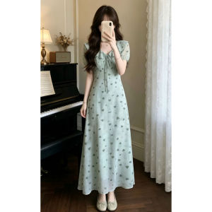 NIUVIES | French Green Polka Dot Puff Sleeve Dress