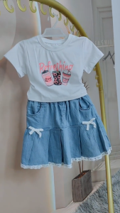Korean Style Soft Denim Skirt for Kids Girls Cute Ribbon Lace Design Palda Maong Skirt for Girls 5-12 Years Old