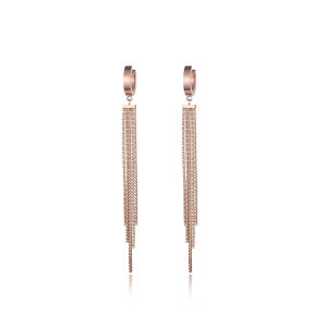 Lokaer Fashion Long Tassel Stainless Steel Hoop Earrings For Women Rose Gold Plated Chain Earrings Free Shipping aretes E17069