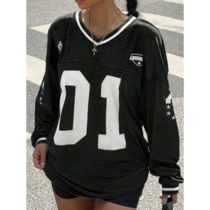European American Digital Printed Loose Long Sleeved Jersey for Women 2026 Comfortable Loose Basic Pullover V-neck Casual Tops