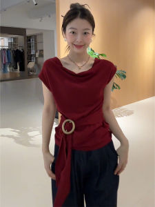 YUEZHONGWEI | Red One-Shoulder Ice Silk Knitted Short Sleeve T-Shirt Womens Summer Slim Fit French Style Top Comfortable Breathable Casual