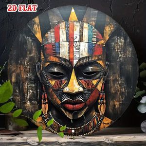 Vibrant Aluminum Tribal Mask Wall Art 7.8in Geometric Round Metal Print for Living Room Cafe Decor