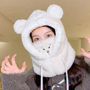 หมวกฤดูหนาวหมีน่ารักสําหรับผู้หญิง สไตล์เกาหลี ผ้าพันคอป้องกันหูที่อบอุ่น หมวกปั่นจักรยานที่ผสมผสานกันด้วยเส้นใยโพลีเอสเตอร์ที่ถัก