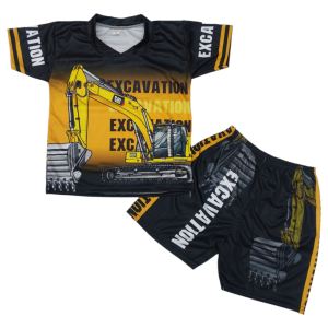 ชุดเด็กผ้ามันไมโครลายรถแบคโฮ/รถแม็คโคร สำหรับวัย 1-6 ปี ไซส์ S-M-L
