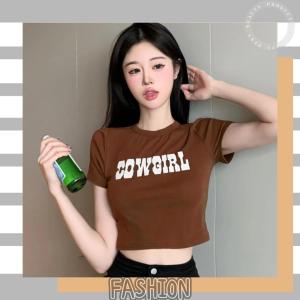 QJshop ตะโกนว่าสวย เสื้อยืดครอปพิมพ์ลายตัวอักษร เสื้อยืดแขนสั้นเข้ารูปโชว์หุ่น เซ็กซี่ สไตล์เกาหลีเกาใจ