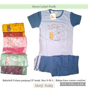 babydoll setelan anak perempuan amro label putih celana panjang lengan pendek CP TK SD size S M L kaos anne claire forever sweet kartun lucu beruang kucing cute balita