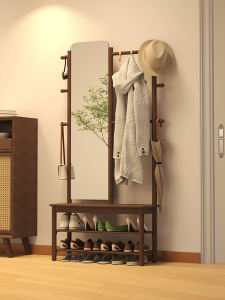 Seasonal Wood Language Multifunctional Wooden Clothes Hanger with Shoe Rack Hat Shelf for Home Entrance