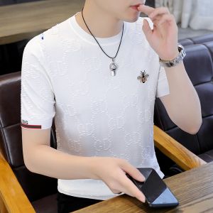 ROMON | Lormen Mens Short Sleeve T-Shirt Summer Thin Ice Silk Knitted Base Shirt Fashionable Urban Style Round Neck Embroidered Top