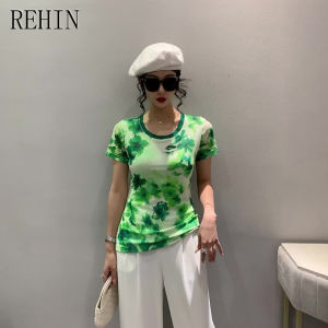 REHIN เสื้อยืดแขนสั้นพิมพ์ลายดอกไม้ฤดูร้อนแฟชั่นผ้าตาข่ายคอกลม S-3XL กระชับสัดส่วนอินเทรนด์