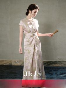 JK&JS | Elegant Chinese National Style Embroidered Dress Womens Summer Cheongsam Long Skirt With Button High Waist Polyester Blend