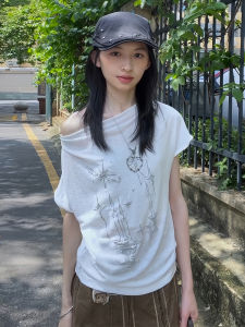 Amber Style Womens Short Sleeve Tee Backstraps Loose Fit Slimming Shoulder Bared Top Summer New Style Retro Commuting Vintage